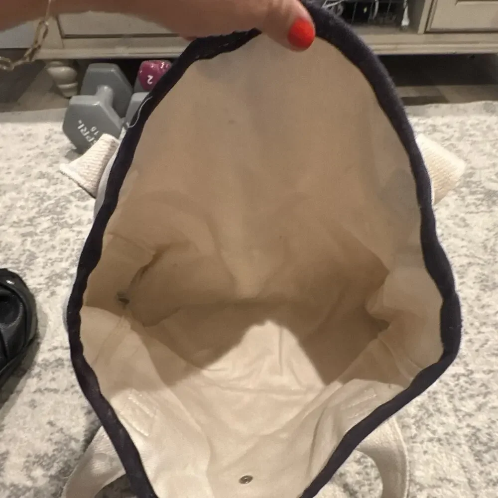 Lands' End Ivory/Navy Logo Tote Bag Snap Closure Inner Pockets Double Handles